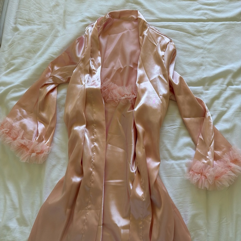 Satin Pink Ruffle-Trim Slip Dress & Robe Set - Picture 3 of 3